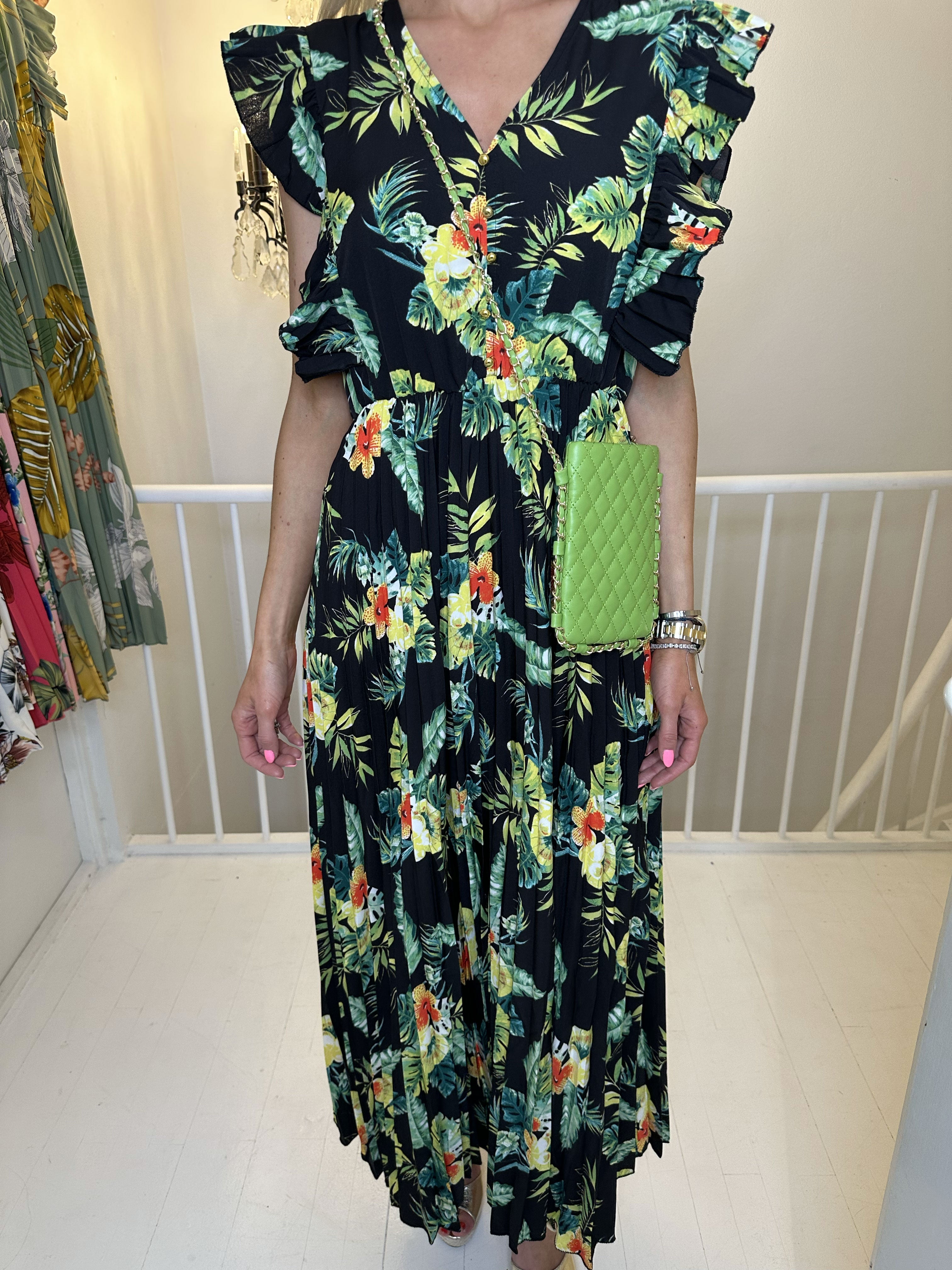 Lullu Tropical - Lång klänning med volanger och veckad kjol